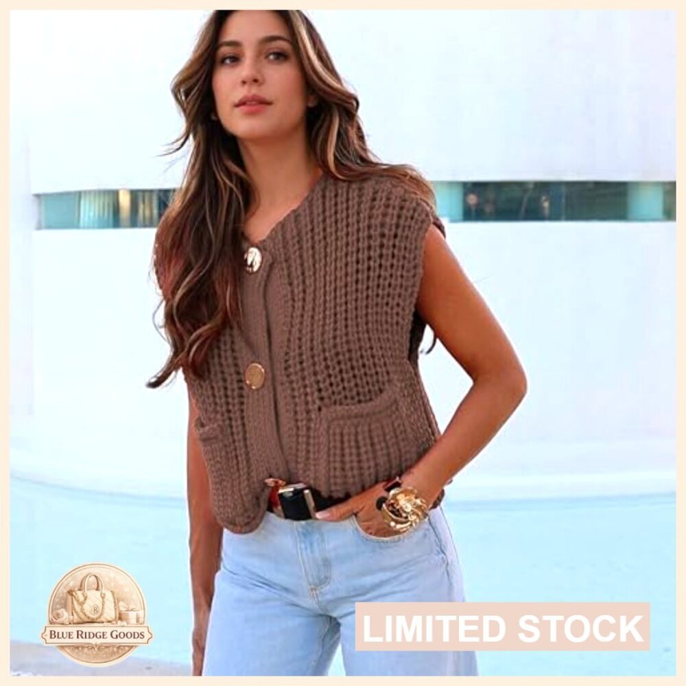 Crochet Chunky Knit Sleeveless Button Down Crop Top Cardigan Sweater Vest with - Picture 3 of 7